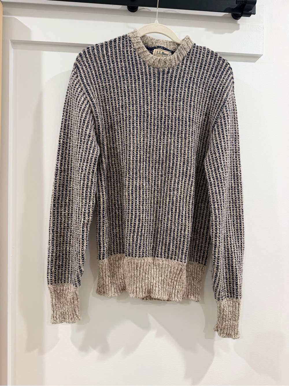 L.L. Bean Men's Two-Tone Knit Crewneck Sweater - Beige and Navy